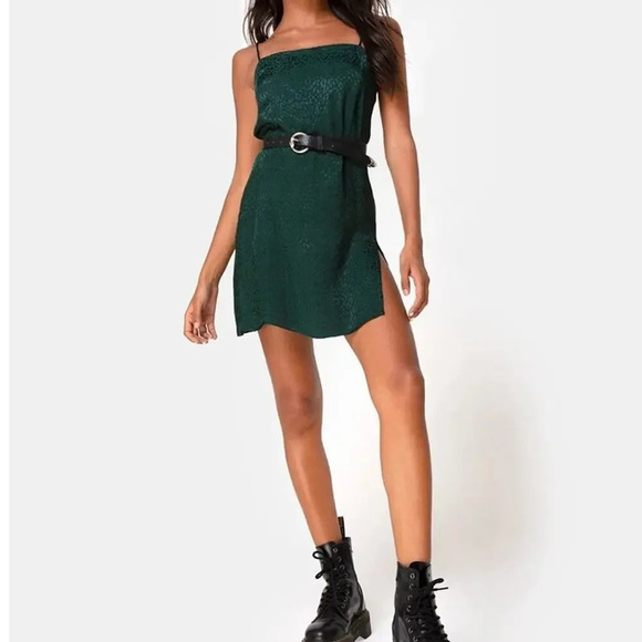 Motel Rocks Datista Mini Slip Cheetah Forest Green Whimsygoth Fairy Dress XS - Picture 2 of 8